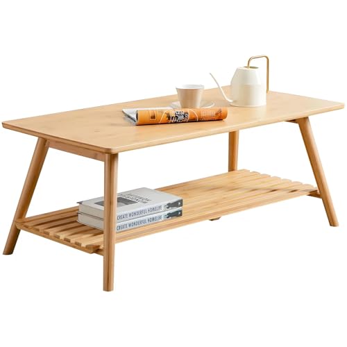 Hcosmy No Assembly Bamboo Coffee Table, 2-Tier Tea Table with Storage Shelf, Japanese Living Room Table, Space Saving Side End Table for Living Room Home Office