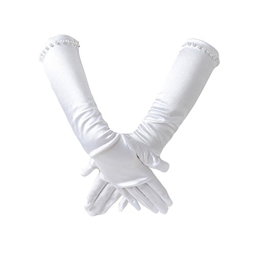 PURFUN Kids Girl Pincess Pearl Long Satin Gloves First Holy Communion Halloween Costume Birthday Party Gloves for 6-10yrs