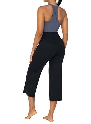 SUNZEL WIDE LEG CAPRI PANTS FOR WOMEN WITH POCKETS, HIGH WAISTED TUMMY CONTROL YOGA PANTS, FLARE LOUNGE CASUAL CROPPED PANTS 25″ BLACK X-LARGE