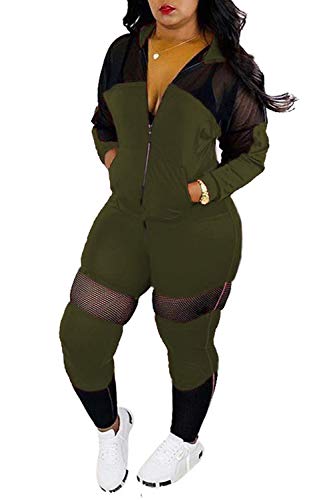 Womens Sexy Mesh Patchwork Zip Up Hoodie Jacket Two Piece Outfits Skinny Long Pants Clubwear Tracksuit Sportswear Set (Green, S)