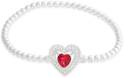 Sterling Silver Lab-Created Ruby Lab-Created White Sapphire Heart Stretch Bead Bracelet, 7 inches