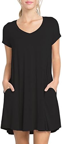 GUDNIQUE Women's Ultra Soft Bamboo V-Neck Swing Dress w/Pockets (Large, Black)
