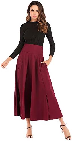 Women's Pleated High Waist Stretchy Plain Jersey Flared Swing Pocket Long Maxi Skirt,Women High Waist Pleated A Line Long Skirt Front Slit Belted Maxi Skirt