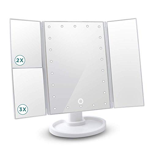 HunterBee Makeup Mirror with 22 Dimmable LED Lights, 1x & 2x & 3x Magnifications -Light And Portable For Travel With USB, adjustable 180 Degree Rotation,Touch Screen, Dual Power Supply(white) - Thumbnail 4