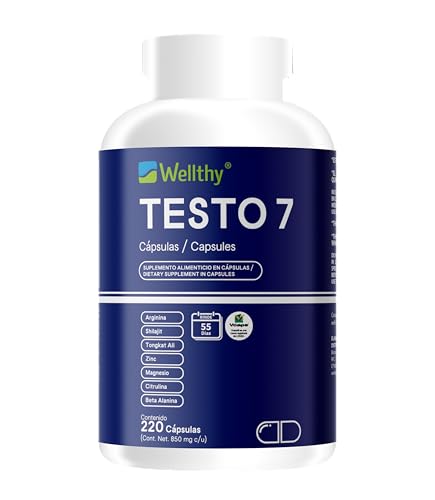 Wellthy Testo 7 Multivitaminico Hombre 220 Cápsulas. L-Arginina, Shilajit, Tongkat Ali, Zinc y Magnesio, Citrulina y Beta Alanina. VCaps Cápsulas Veganas. Bottle Free.