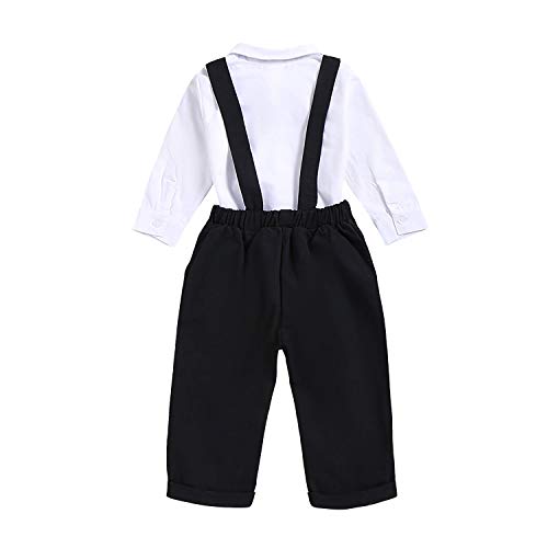Baby Boys Gentleman Outfit Set, Infant Plain Shirt+Bowtie +Suspenders Pants for Toddler Casual Formal Wedding Birthday Party (White Long Sleeve Plain Black Pants, 6-9 Months)