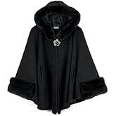 Dahlia Women’s Winter Cape Coat, Luxurious Faux Fur Trim, Fleece Lined Hooded Cloak Style Elegant Poncho Cape