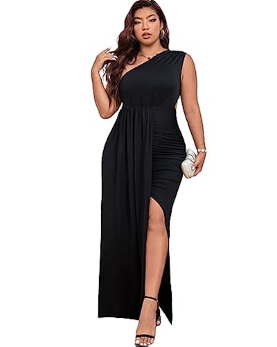 PYL Plus Size Sexy High Split One Shoulder Bodycon, Women's Maxi