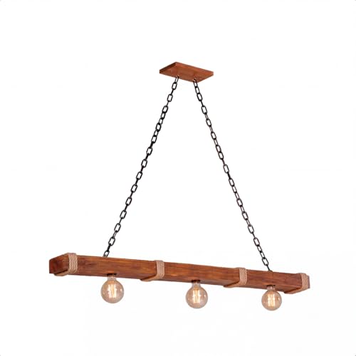 Lustre de Teto Luminária Pendente Caibro Madeira Rústica e Sisal - 3 Bocais E-27 (90cm) Bivolt - Área Gourmet e Churrasqueira - Corrente Anti-Ferrugem