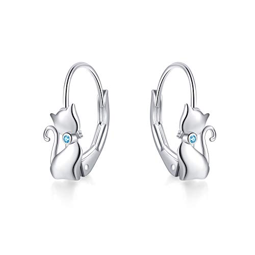 Cat Earrings 925 Sterling Silver Cat Dangle Hoop Earrings,Cats Jewellery Gift for Women,Girls (A Cat earrings with blue cz) — image 1