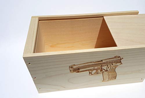 Wooden Ammo Crate - Slide Top Box with Etched Pistol Art 11x6x5.5
