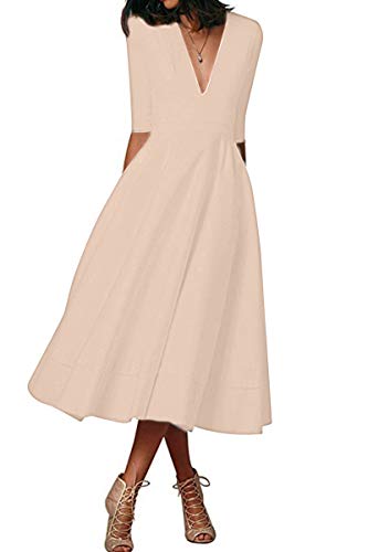 YMING Women's Vintage Maxi Dress Deep V Neck Dress 3/4 Sleeve Cocktail Dress with Pockets Apricot S