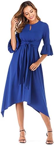 MIUSWN Women's Ruffle Business Midi Dress Bell Sleeve Cocktail Dress with Belt