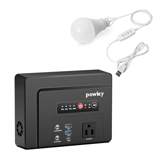 powkey Portable Power Bank with AC Outlet 100W Plus 10W USB LED Light, 97.68Wh/26400mAh Portable Battery Pack with DC/USB A/USB C/AC Outlet PD65W Battery Bank Fast Charging for Camping Travel RV