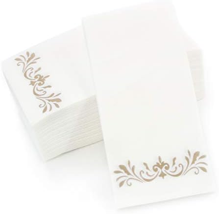 Disposable Hand Towels for Bathroom, Decorative Napkins, Linen Feel Absorbent Guest Hand Towels, Paper Napkins for Parties, Weddings, Dinners or Events, Gold Design - 100 Pack, 8.25 x 4 Inches
