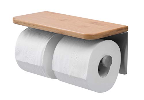 JackCubeDesign Dual Toilet Paper Holder Stainless Steel Wall Mount Bathroom Double Tissue Rack with Bamboo Shelf Tray for Bath - MK428B
