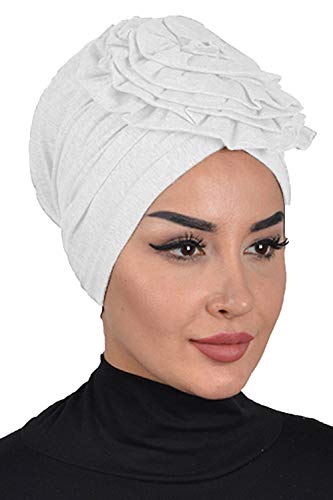 Instant Turban Cotton Scarf Head Wrap Cancer Chemo Headwear Rose Detail Ivory