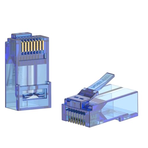 VCE UL-Listed CAT6 RJ45 Connectors Pass Through 50-Pack, Cat6 Ends Gold Plated 8P8C Modular Plug for CAT6 CAT5E CAT5 Solid or Stranded UTP Network Cable, Blue, Support POE