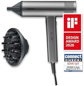 Ionen-Haartrockner inkl. Diffusor, Konzentrator, leistungsstarker Föhn und langlebiger Haar-Trockner, BLDC-Motor, Ionic-Technologie, S-Style Speed Pro, 2,8m Kabel, 2.000W, anthrazit, HT 0171