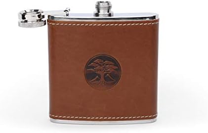 Juniper Tree Brown Leather Flask, 6 oz. - Brown Full Grain Leather - Stainless Steel Leather Flask - Whiskey Flask - Leather Hip Flask - Custom Flasks
