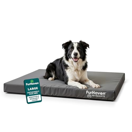 FurHaven Water-Resistant Orthopedic Dog Bed for Large Dogs, Oxford Polycanvas Mattress with Egg Crate and a Solid Orthopedic Foam Base for Joint Support, Washable Cover, Large, Stone Gray