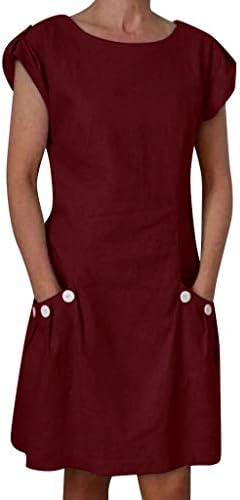 Mini Dress TUDUZ Women Summer Casual Plain Cotton and Linen Shift Dress Ruffled Pockets O-Neck Buttoned-Decor Daily Dress
