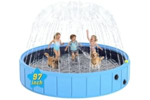 BerrysParadise Foldable Dog Pool with Sprinkler, 97'' Extra Large Non-Slip Dog Swimming Pool, 2-in-1 Outdoor Backyard Pet Bat