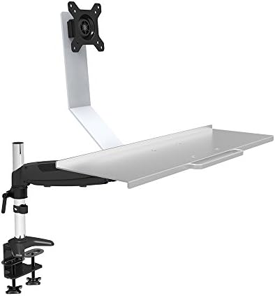 OLLO: Sit stand, oversized aluminum keyboard tray with gas spring mounting arm, and double c-clamp , 24.7" extension, fits 15-27"monitors