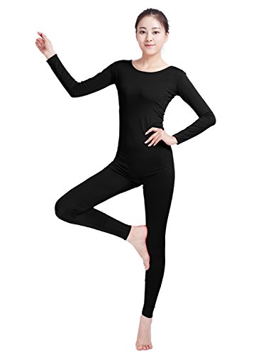 Ensnovo Womens Spandex Bodysuit Long Sleeve Scoop Neckline Footless Unitard Black,M