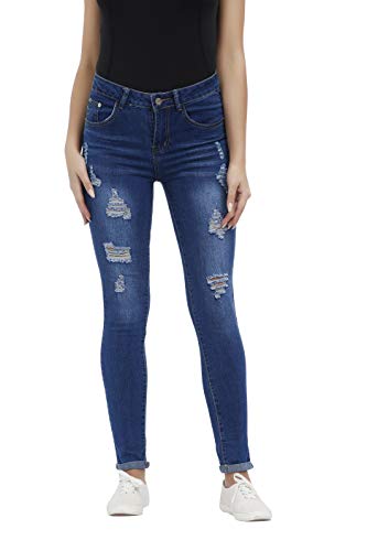 Women's High Waisted Butt Lift Stretch Ripped Skinny Jeans Distressed Denim Pants Blue 35 US 14 - Thumbnail 3