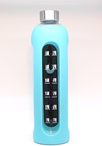 32 Oz Glass Water Bottle Time Marked Reusable Eco Friendly With Silicone Sleeve: BPA Free. Paleo, Whole 30 and Vegan Recommended (Turquoise)