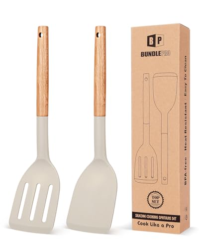 Pack of 2 Silicone Cooking Spatula, Heat Resistant Solid Turner, Non Stick Slotted Spatulas with Wooden Short Handle,Ideal Wood Kitchen Utensils Set for Frying, Baking, Flipping, Turning