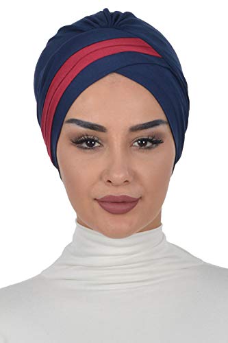 Instant Turban Cotton Scarf Head Wrap Cancer Chemo Headwear Two Colored Blue Red - Thumbnail 5