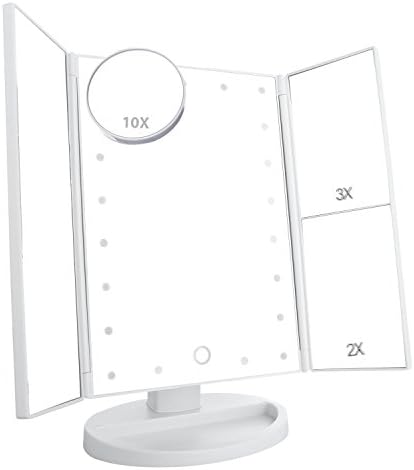 JOJOO 21 LED Lighted Vanity Makeup Mirror Tri-fold Magnifying 3X/2X/1X Touch Screen Cosmetic Makeup Mirror Travel Mirror, USB Powered or Battery Powered BP005W