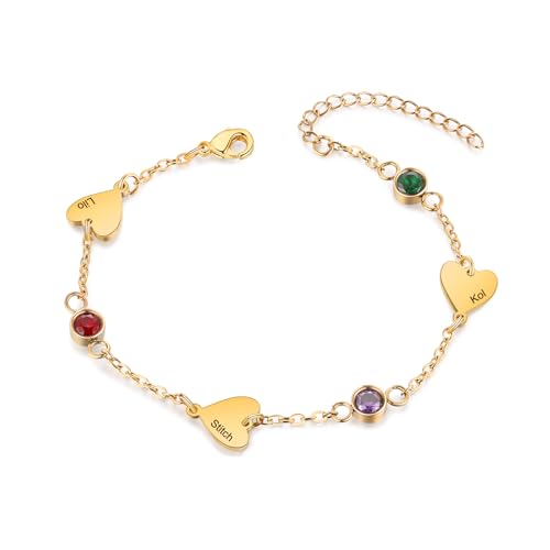 Presentimental Birthstone Bracelet for Women Personalised Heart Bracelet with 1-5 Names Ladies' Gold Bracelets Gift for Women (3 stone)