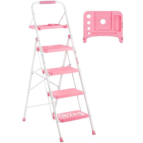 BONTEC Klappbare Trittleiter mit 4 Stufen, 150 kg, Stahl, Rosa