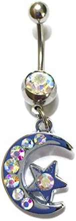 Moon and Star Navel Ring crystal stones belly button steel 316L (Shimmering)