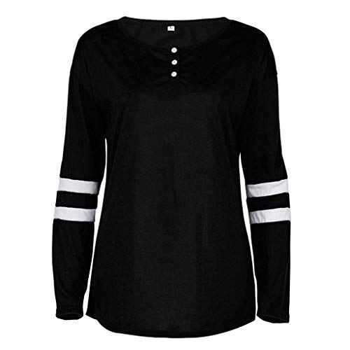 Women Stripes Top Duseedik Henley Solid Stripes Spread Long Sleeve Slim Button Pullover Shirt Blouse - Thumbnail 2