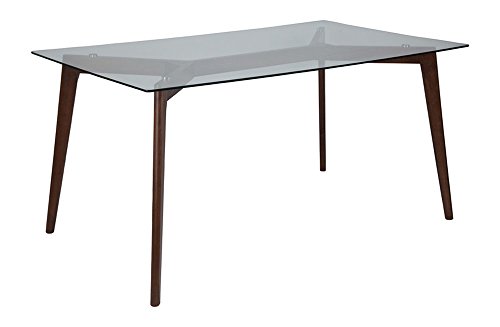 Offex 35.25" x 59" Rectangular Solid Walnut Wood Dining Table with Clear Glass Top