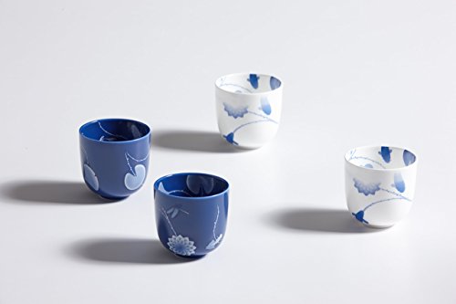 ZENS lifestyle Cups for Tea Coffee Set of 4 Bone China 10 Inch Dinnerware Set 8 OZ 230ML 2 White and 2 Blue Flower and Fish Gradient Pattern