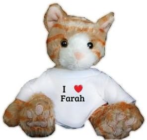Brown Cat Plush Toy with I Love Farah t-shirt (first name, last name, nickname)