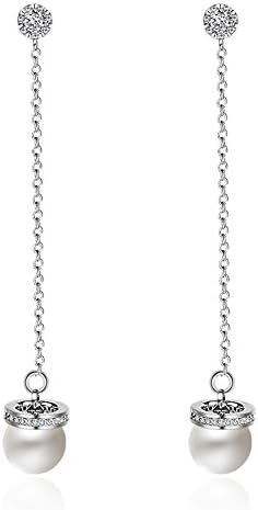 Women's Sterling Silver Long Tassel Pearl Dangle Theader Drop Earings with CZ (Rhinestone Hoop)