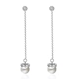 Women's Sterling Silver Long Tassel Pearl Dangle Threader Drop Earings with CZ