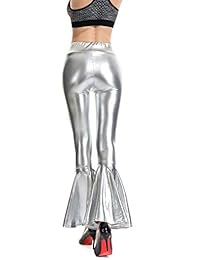 Leggings brillantes para dama, dorados, metálicos, con volantes, pierna ancha, para discoteca, cintura alta