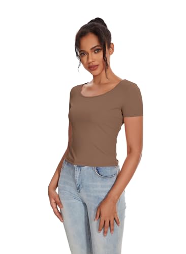 WOMENS T SHIRTS CREW NECK SHORT SLEEVE SHIRTS FOR WOMEN TOPS 2024 CASUAL SLIM FIT FASHION BASIC TEE T SHIRTS(TIRAMISU,M)