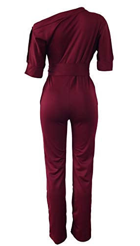 VLUNT Womens Elegant Solid Off Shoulder High Waisted Jumpsuit Romper with Belt for Party Club - Thumbnail 5