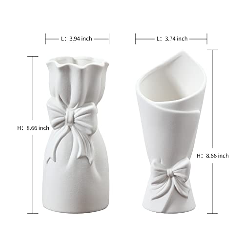 White Ceramic Vase Set of 2, ViViTOP Small White Vase in Bulk for Flower, Boho Vase Centerpiece for Table, Mini Pampass Grass Decor Unique Vase Fit for Wedding Decorations Room Office Home Decor