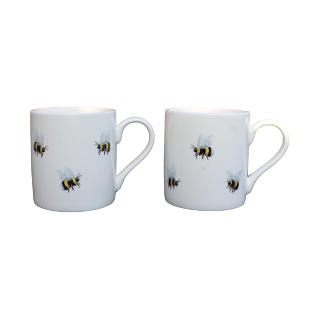 ROCK THE HOME Bees 2 Pack Small 10 fl oz Straight Sided Mug – White Fine English Bone China Cups, Made and Hand Decorated in England, Dishwasher and Microwave Safe, for Coffee Tea Latte Americano