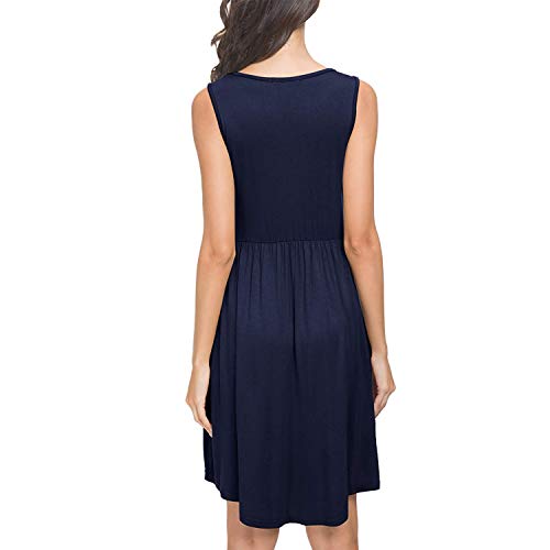 Trendypie Women's Summer Sleeveless Solid Cotton Casual Loose Swing Dress Plain Pleated T-Shirt Dress Knee Length Button Party Dress Beach Sundress with Pockets