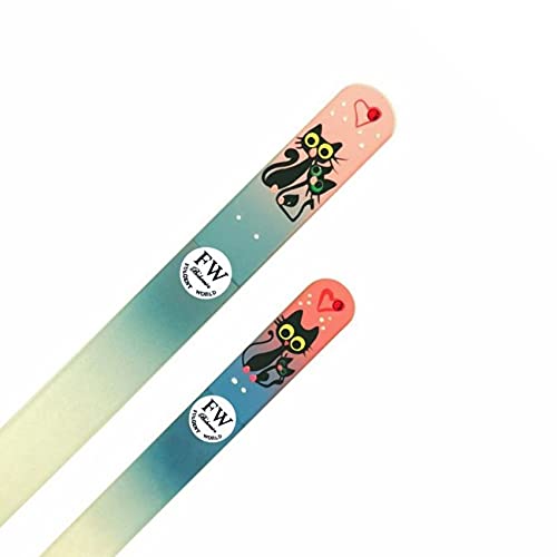 Crystal Glass Nail Files Hand Painted - Gift Set of 2 Cats - Original Czech Product for natural and acrylics nails (blue/pink)
